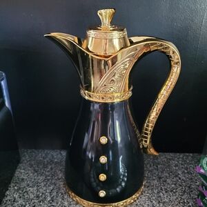 Vintage Black & Gold Ornate Coffee/Tea Carafe with Gem Accents – 12” Tall